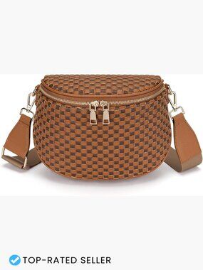 Woven Crossbody Bag for Women Checkered Leather Bum Bag with Zipper Adjustable